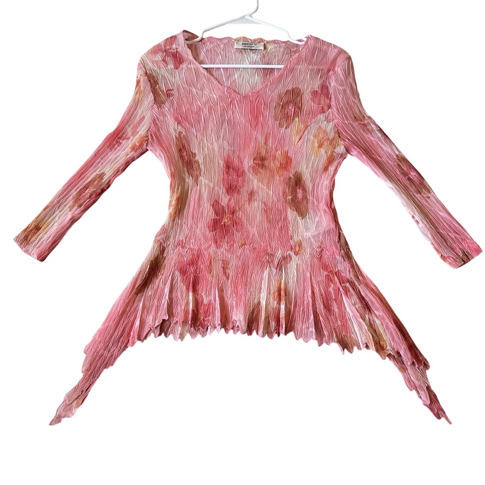 Vtg Y2K Fairy Pink Floral Top Sz M Ethereal Crinkle Sharkbite Hem Whimsical - Picture 4 of 14